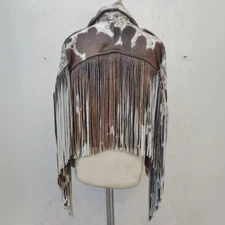 Women Cowhide Fringe Leather Jacket Western Boho Cowgirl Hair On Hide Coat