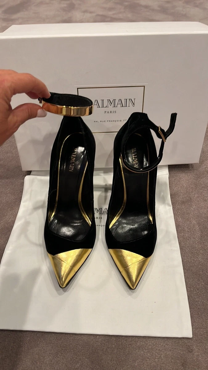 Authentic Balmain Paris Black and Gold velvet Shoes pumps heels size 37