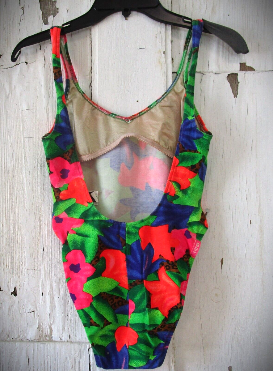 Vintage 80's Neon Floral One Piece French Cut Swim Suit Size
