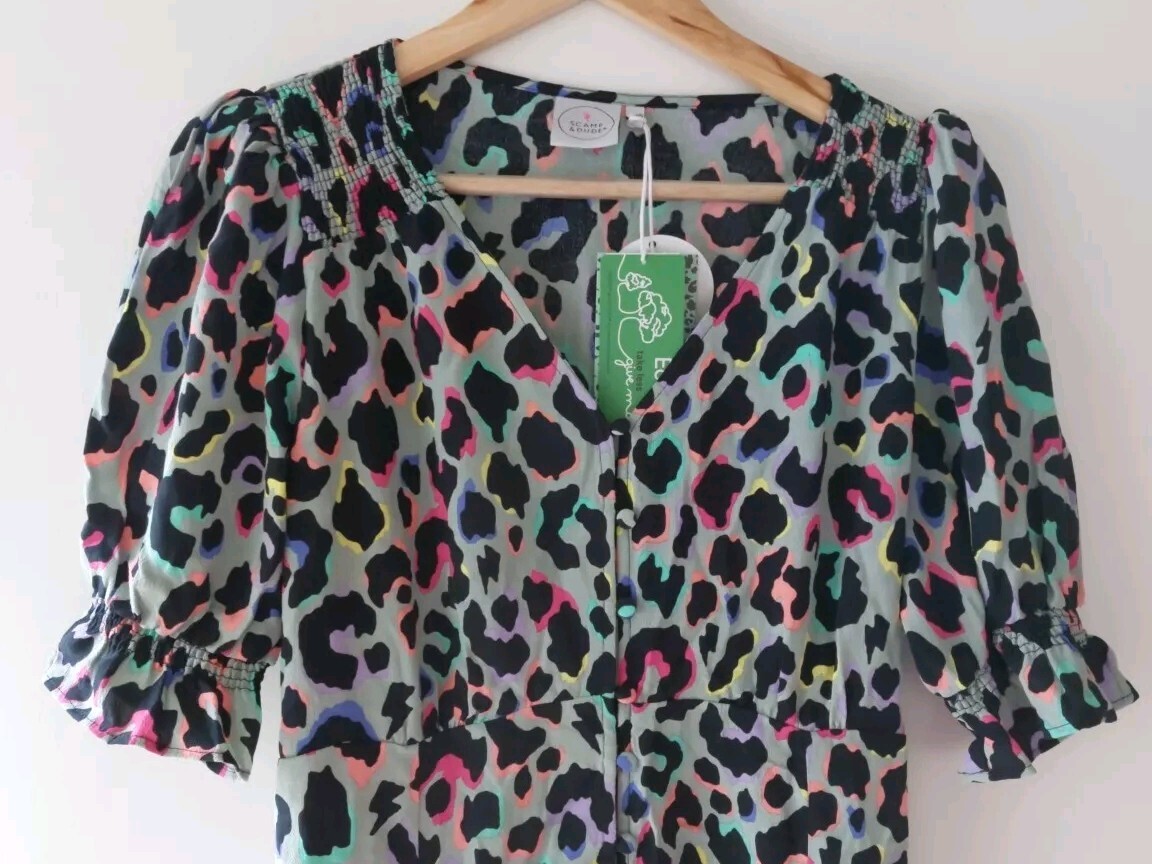 SCAMP&DUDE FLUTE SLEEVE SHORT TEA DRESS KHAKI RAINBOW SHADOW LEOPARD SIZE  10 NEW | eBay UK