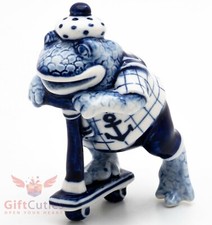 Porcelain Gzhel Frog Toad riding scooter Figurine Souvenir handmade hand painted