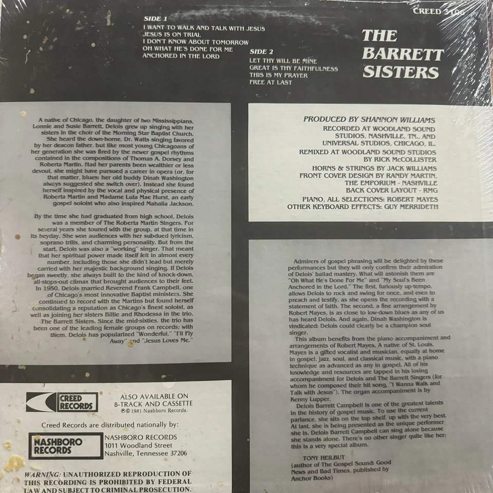 SEALED LP Black Gospel Barrett Sisters "Peacemaker" Creed 3106 1981 Nashboro Foto 2 de 2