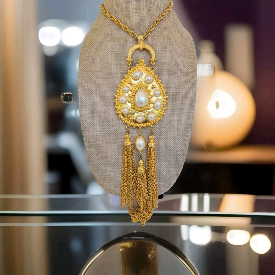 Long Etruscan Style Faux Pearl Chain Tassel Bold Retro Necklace 24" Signed BH - Image 2 of 4