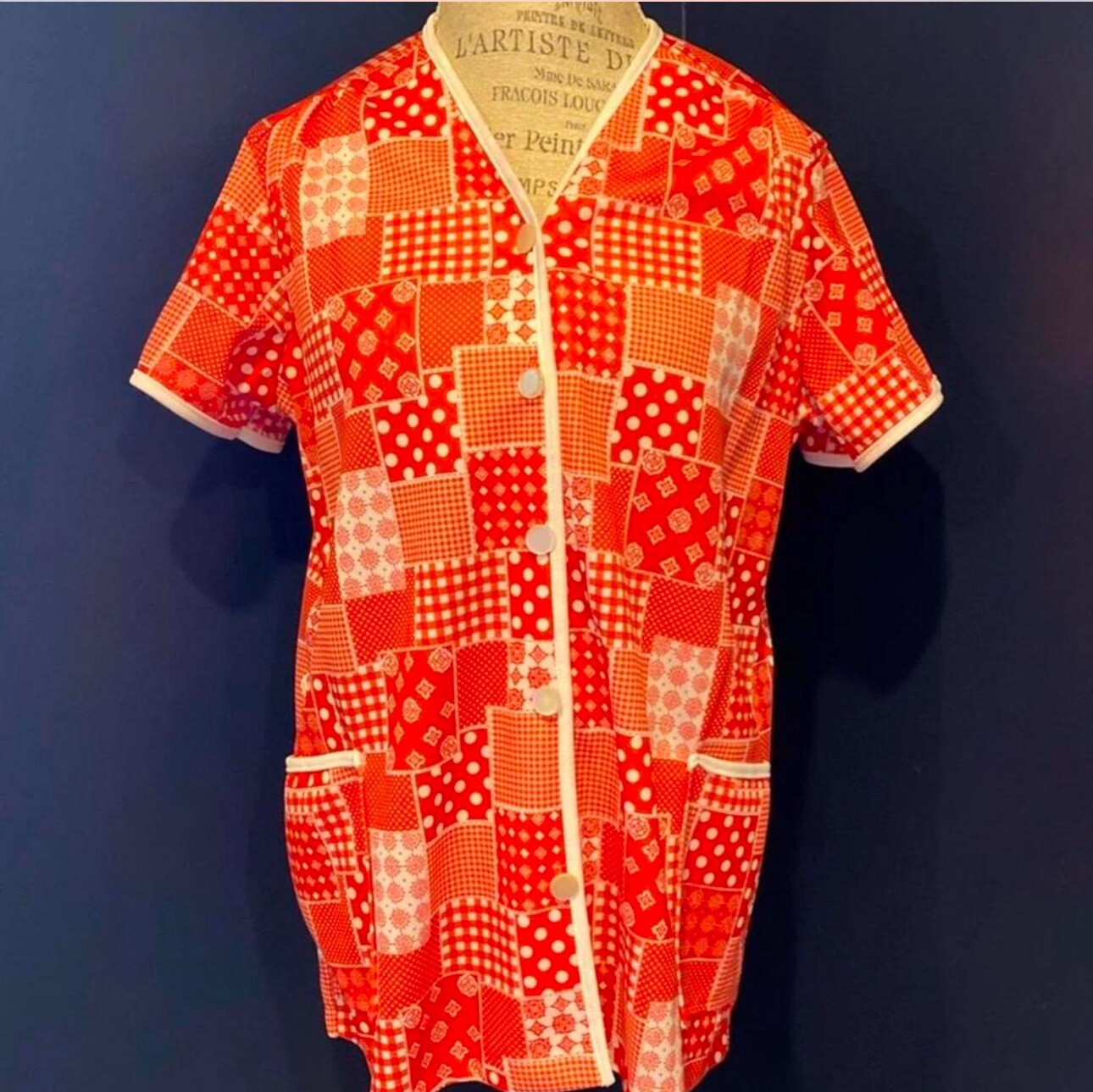 Vintage Red Patchwork Print Polyester Smock Style… - image 1