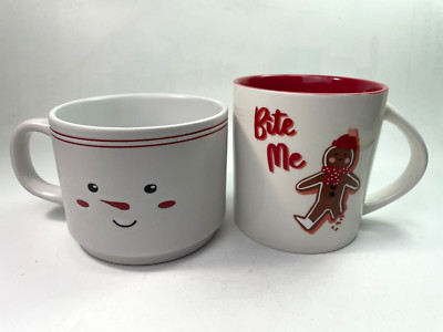 Target Wondershop Gingerbread BITE ME Christmas Mug Snowman Face 16oz S/2 B66
