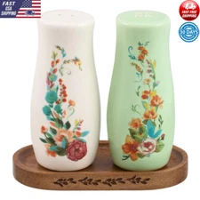 Salt Pepper Shakers W/ Acacia Wood Tray Everyday Cooking Kitchen Tools Sturdy