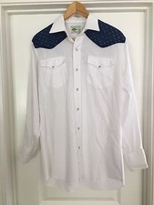 Vintage Rockabilly Western MESQUITE NIVER Men  s Shirt 151/2 33 M White Blue Snap