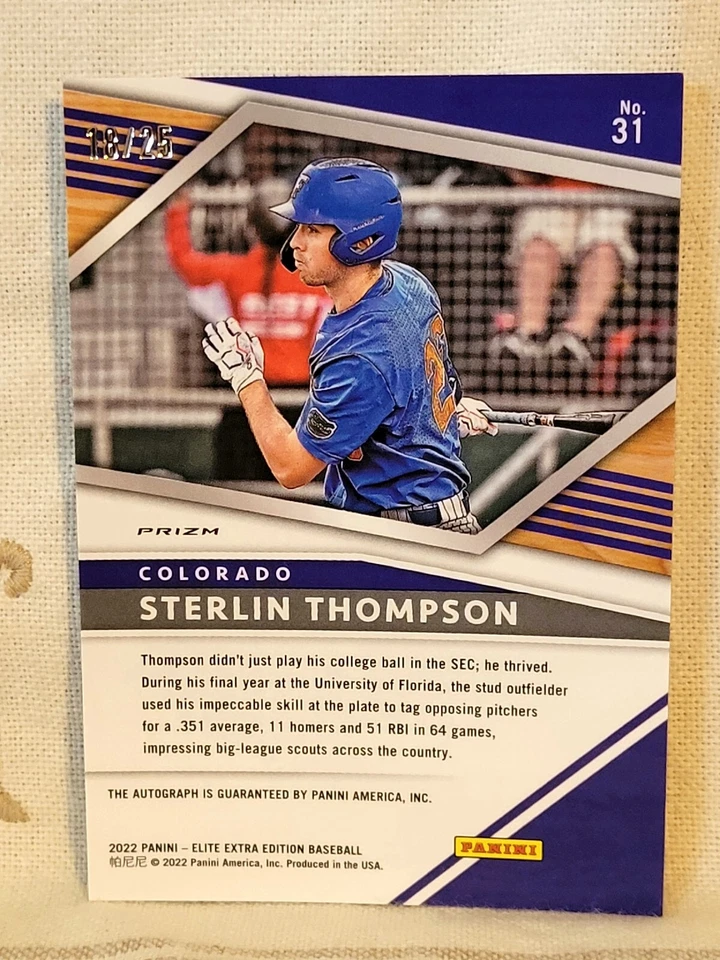 Sterlin Thompson, Rockies, 2022 Elite Extra Edition Optic Holo Auto #'d/25🇬 - Image 3 of 3