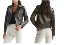 Reiss Women's Dark Green Santiago Leather Biker Moto Jacket Size 2 Us