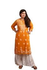 Women Mustard Chikankari Embroidered Wedding Function Fancy Designer Kurti