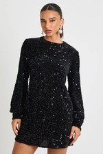 boohoo sequin blouson sleeve shift party dress black color size uk12 (b1)