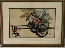 Vintage(1-89)Takeshita Kin-u Woodblock Print - Flower Cart - Spring