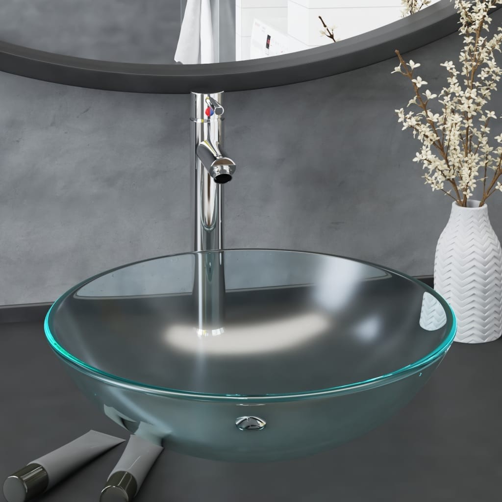Lavabo in Vetro Temperato Satinato con Rubinetto e Piletta | Arredo Bagno