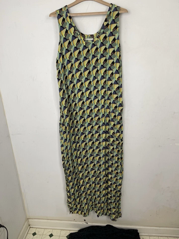 Vestido de lino para mujer grande Maxi Lagenlook viaje geométrico boho resort vacaciones Foto 2 de 4