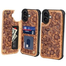 Wallet Real Leather Case Compatible with iPhone 17 6.1"  Genuine 6.3  -17 Brown