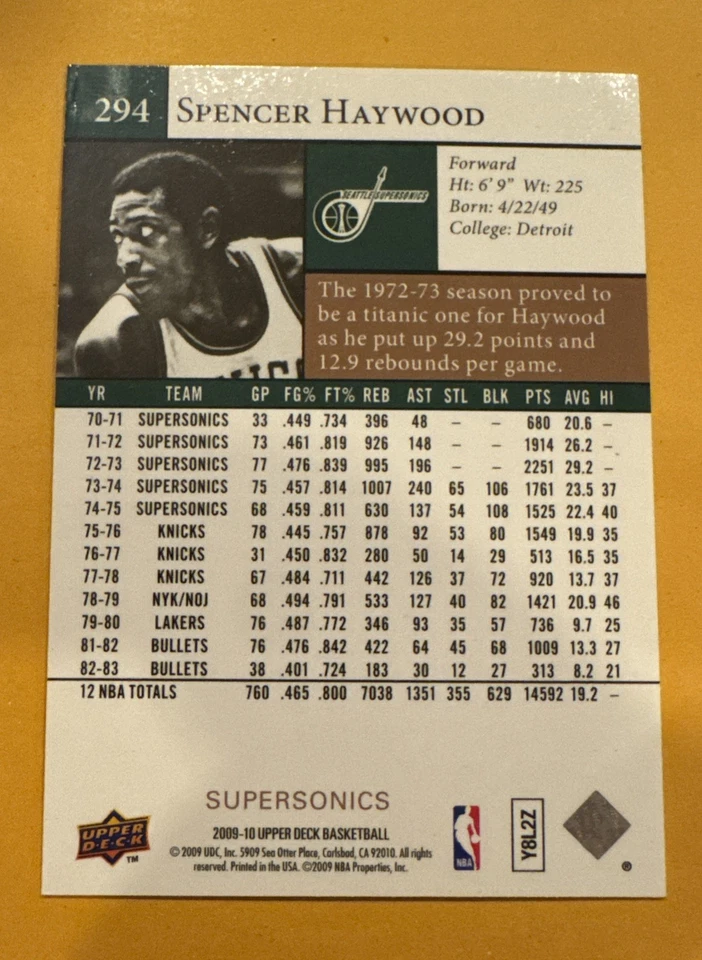 2009-10 Upper Deck - Immortals Spencer Haywood #294 - Image 2 of 2