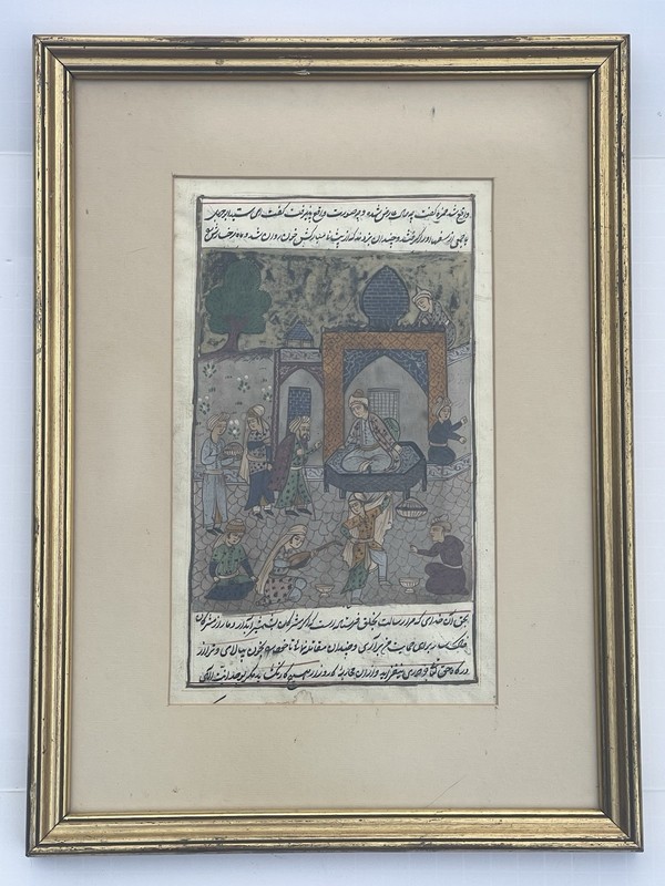 Antique Persian Miniature Painting Illuminated Manuscript Page Court Scene