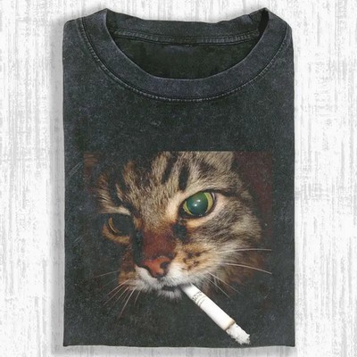 Cat Smoking Graphic T-Shirt Vintage Tee, Unisex Meme Cringe Funny Dumb Shirt