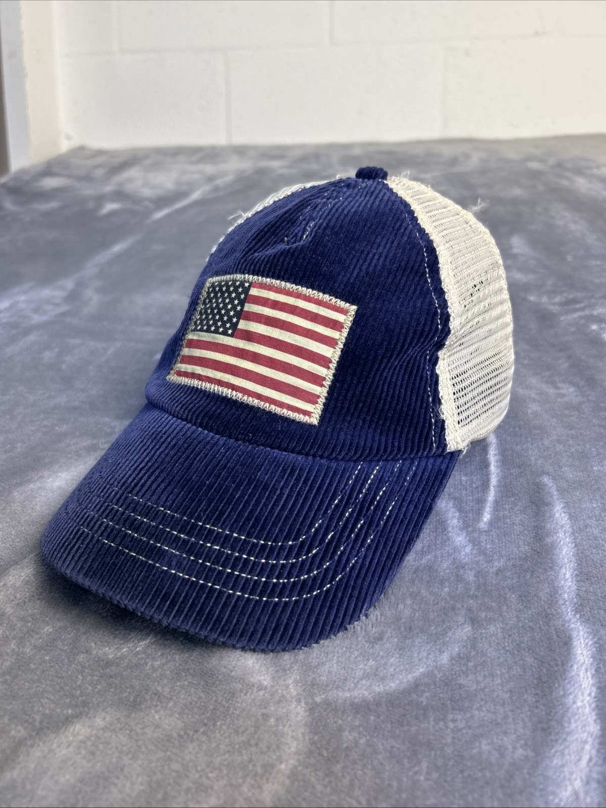Cappello Polo Ralph Lauren berretto cinturino posteriore blu velluto a coste bandiera USA logo pony taglia unica