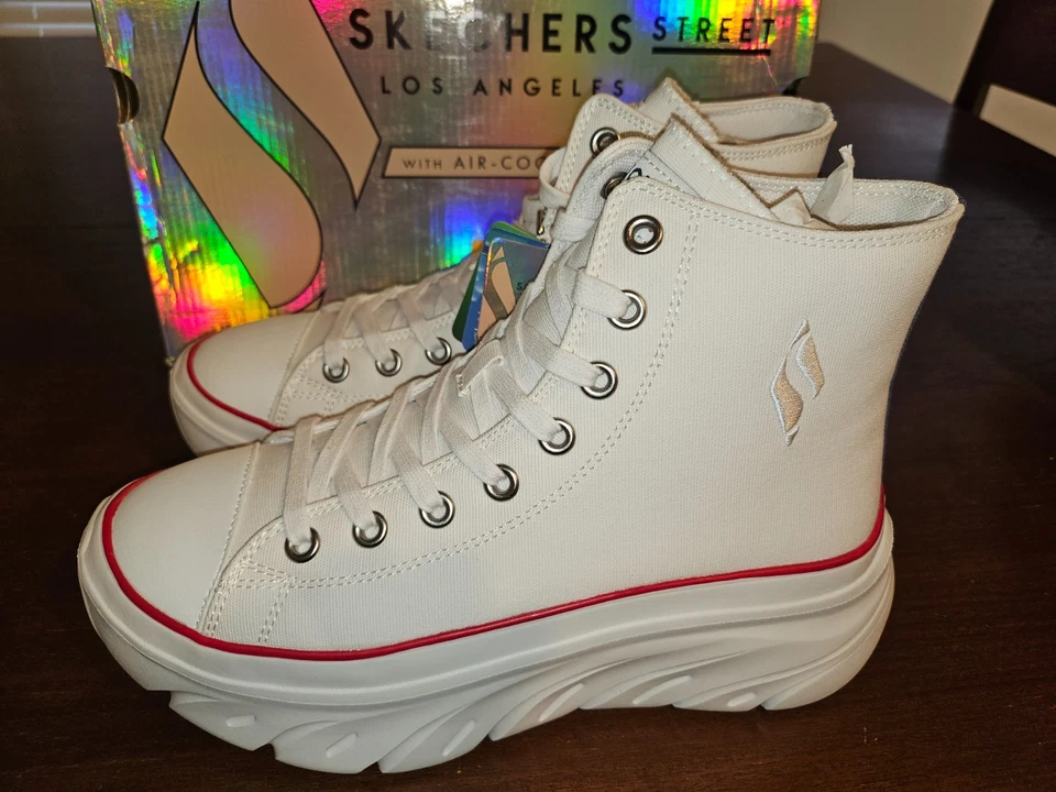 Zapatillas Skechers Funky Street Plataforma Parte Superior Alta Estilo Converse Blanco/Rojo 8.5 Foto 4 de 4