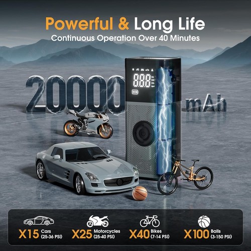 Gonfiatore Pneumatici Compressore Aria Portatile, Pompa Bici, 150PSI Pompa Aria per Pneumatici Auto - Foto 5 di 7