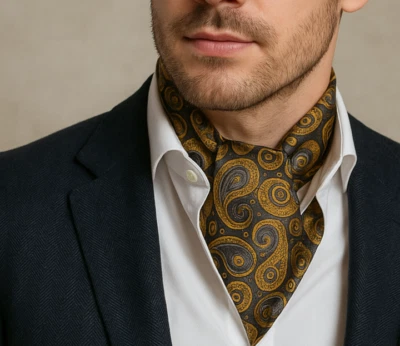 FASHION HABITAT Elegante Ascot Herren-Krawatte Schal Krawatte in schwarz grau orange Paisley UK