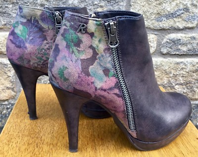 * REFRESH* Damen-Stiefeletten Reißverschluss Blumenmuster hinten Absatz Leder UK 5