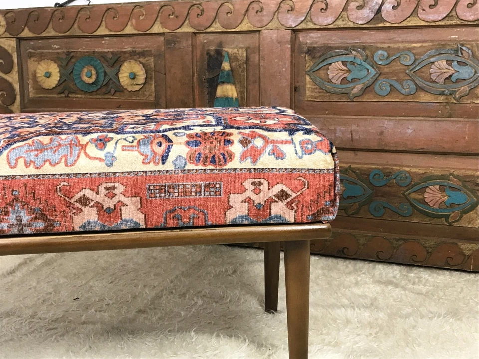 Handmade Kilim Upholstered Ottoman Footstool Piano Entryway Bedroom Bench - Image 4 of 4