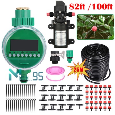 82ft Drip Irrigation System Plant Timer Kit & 12V Water Pressure Diaphragm Pump