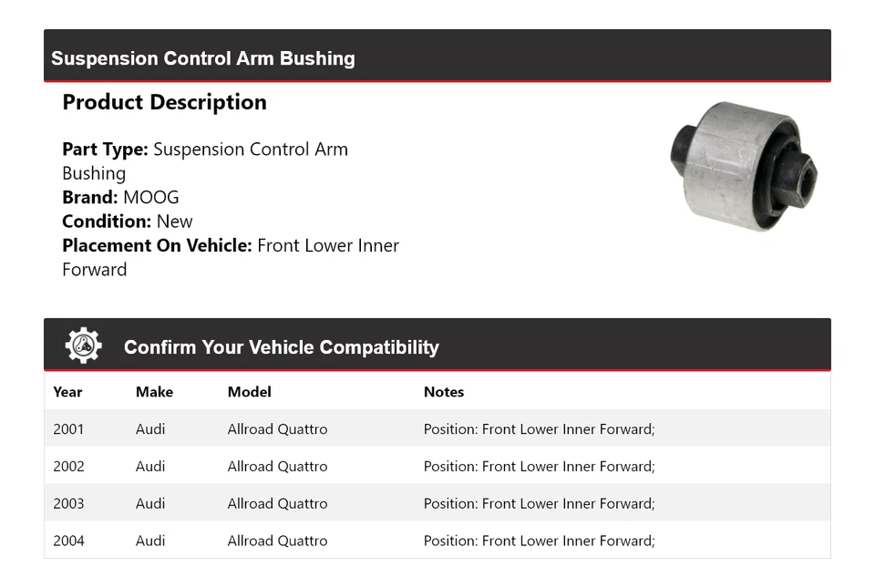 For 2001-2004 Audi Allroad Quattro Suspension Control Arm Bushing MOOG 2001 2002 - Image 2 of 3