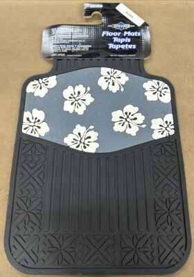 NEW 2 PC PLASTICOLOR GRAY ALOHA HIBISCUS FLOWERS. FRONT CAR AUTO FLOOR MATS RARE