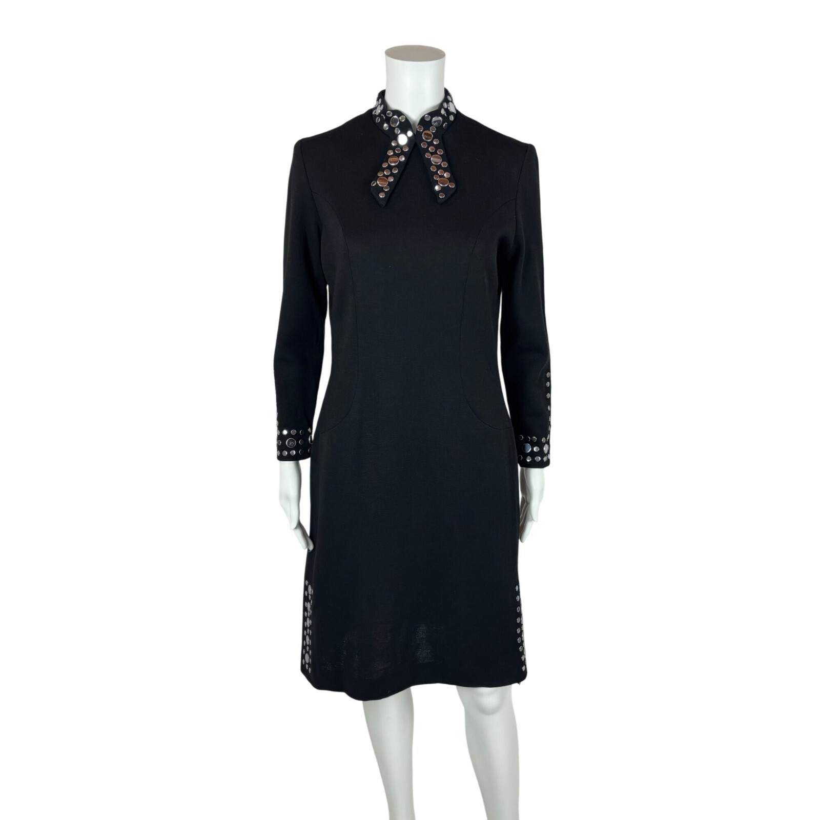 Vintage 60s Studded Dress Women's Extra Small Black Wool Silver Bow Neck Mod image 2