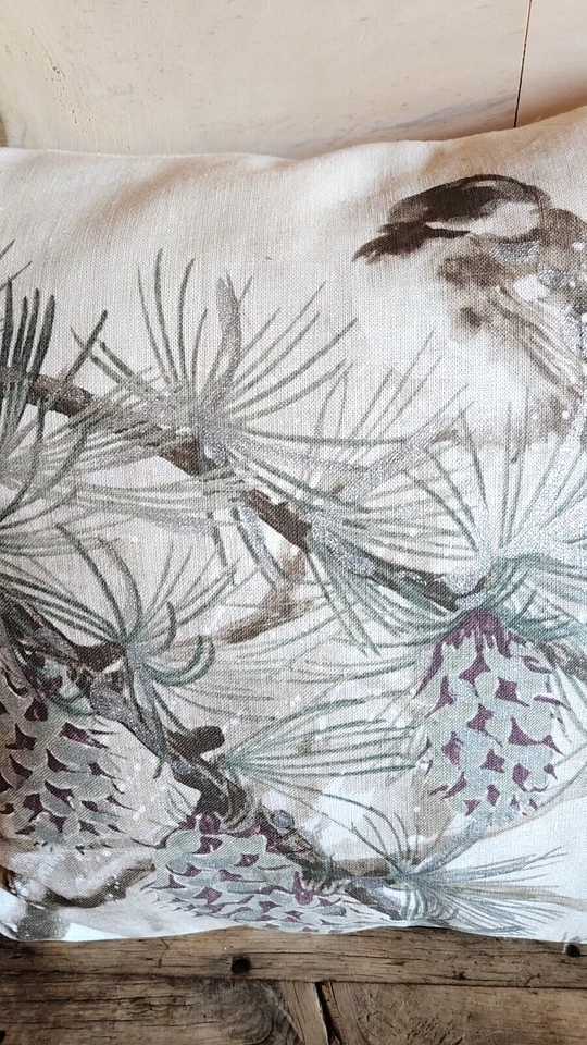 Pottery Barn Chickadee Pine Pillow Cover Only Glitter 20" Square Holiday Country - Image 3 of 4