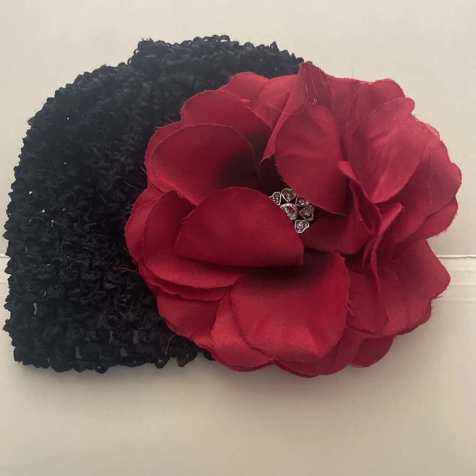 Women’s or Child’s or Baby’s Stretch Cap Hat with Red Flower and Rhinestones XS