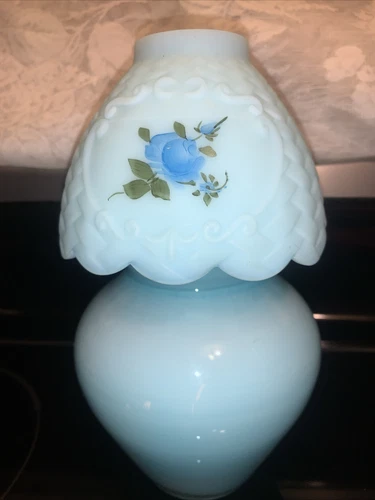 Vtg Blue Fenton Satin LAMP SHADE Plus Lt Blue Vase, Works As A Fairy Lamp