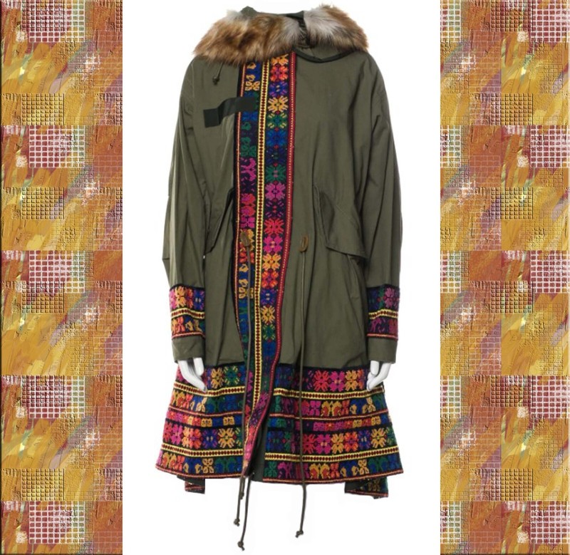 NEW! size L SACAI Green Embroidered Parka Coat with Faux fur Detachable Hood