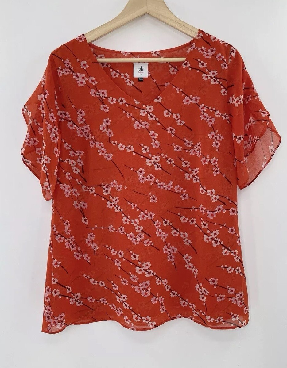 トップス chabi Cabi Chiffon Cherry Blossom Orange Red Floral Split Short Sleeve