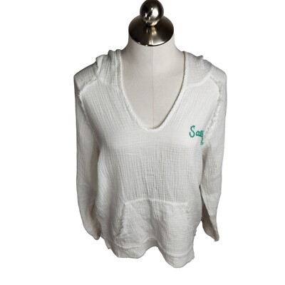 Surf Gypsy Gauze Cotton Cover Up Pullover Hoodie Womens Size Small White Green