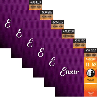 Elixir Nanoweb Phosphor Bronze Custom Light Acoustic Guitar Strings 16027 6 Sets