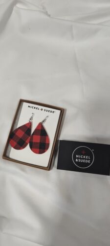 New in Box Nickel & Suede Select Buffalo Plaid Red Leather Earrings - Picture 1 of 4