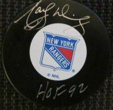 MARCEL DIONNE SIGNED & INSCRIBED NEW YORK RANGERS LARGE LOGO HOCKEY PUCK w/ COA