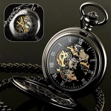 Pocket Watch Mens Mechanical Black Steampunk Skeleton Retro Chain Luxury Classic