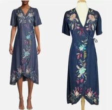 Johnny Was Dress XXS Nico Wrap Chambray Denim Floral Embroidery Tulip Hem Midi