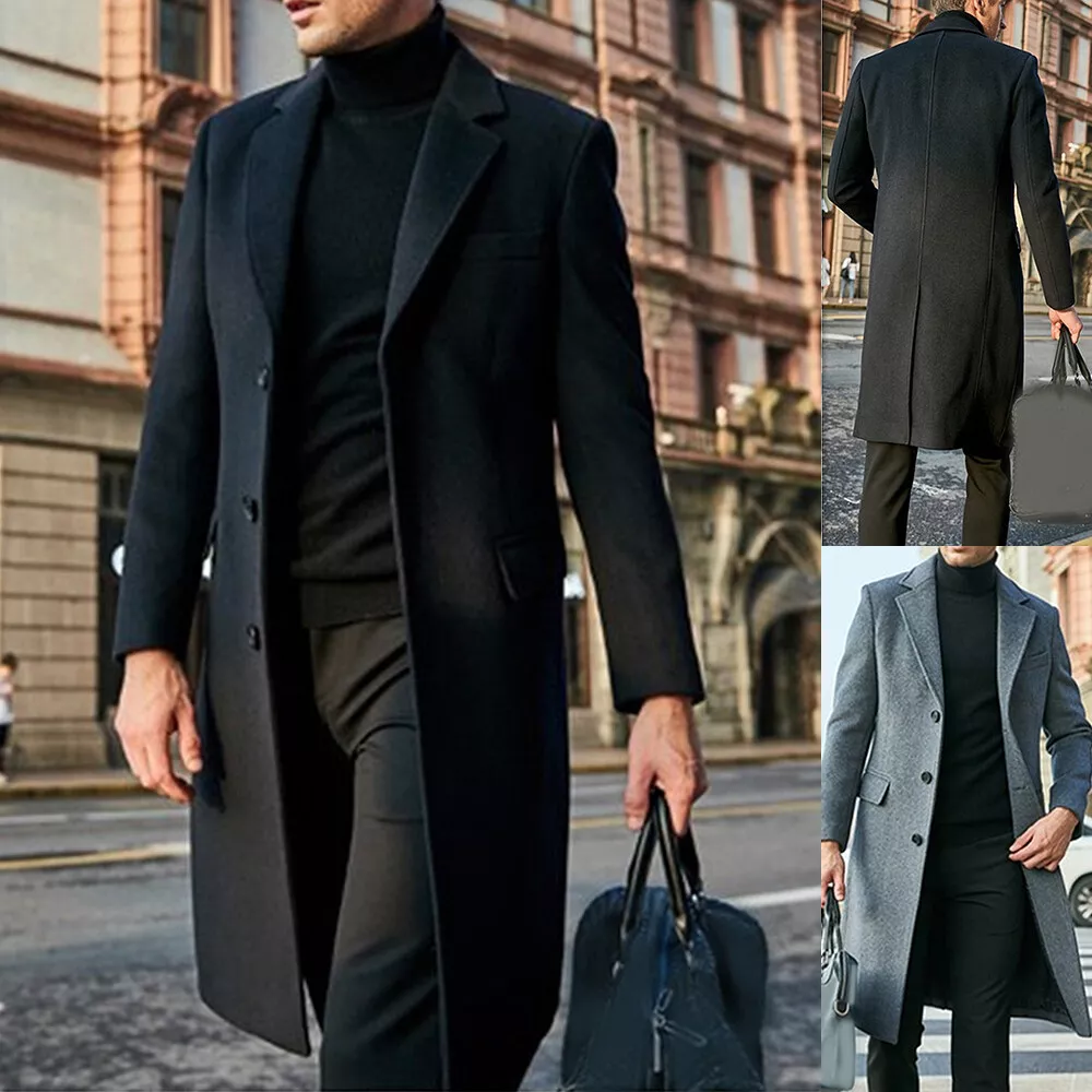 Mens Woolen Trench Coat Winter Lapel Long Jacket Office Fomal Outwear  Overcoat