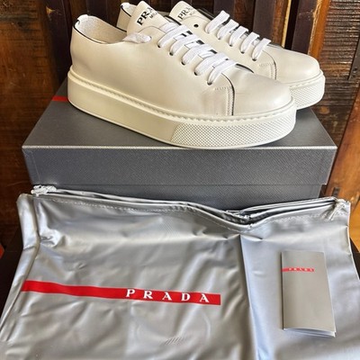 PRADA Milano White Lace Up Mens Platform Sneaker Low Top Size 8 4E3420