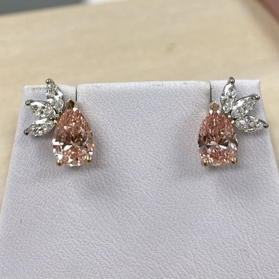 Best Deal Offer ! Stud Earrings Pear Lab Grown Vivid Pink & Diamond 14k Gold