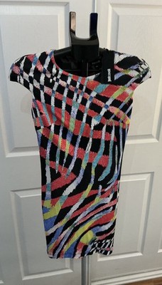 NWT-Roberto Cavalli-Abstract Stretch Knit Shirt Sleeve Dress-Size 36 Small Italy