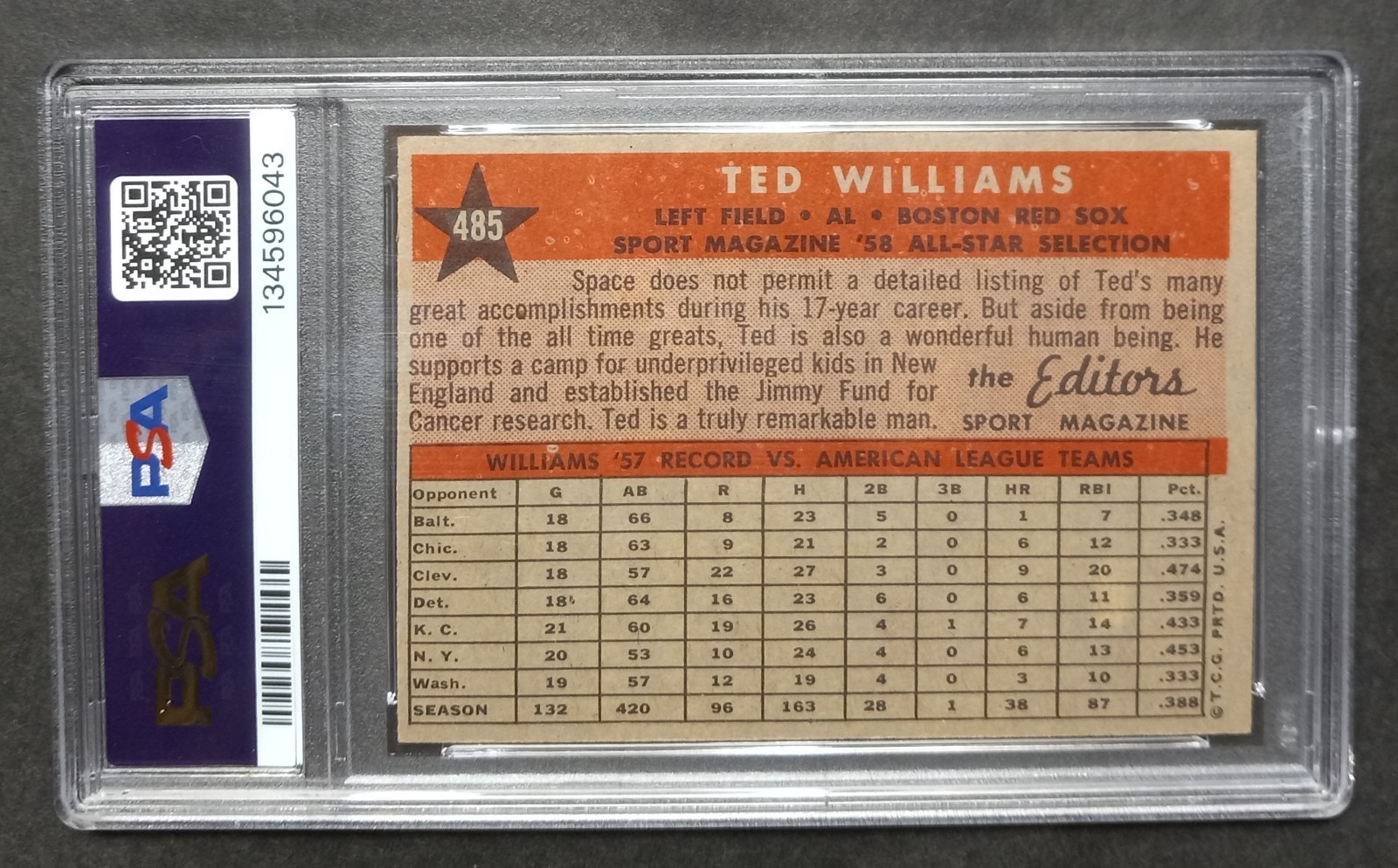 1958 Topps - #485 Ted Williams - All-Star - HOF - PSA 6 EX-MT view 2