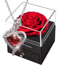 Valentines Day Gift Preserved Red Rose Box with Austrian Crystal Necklace