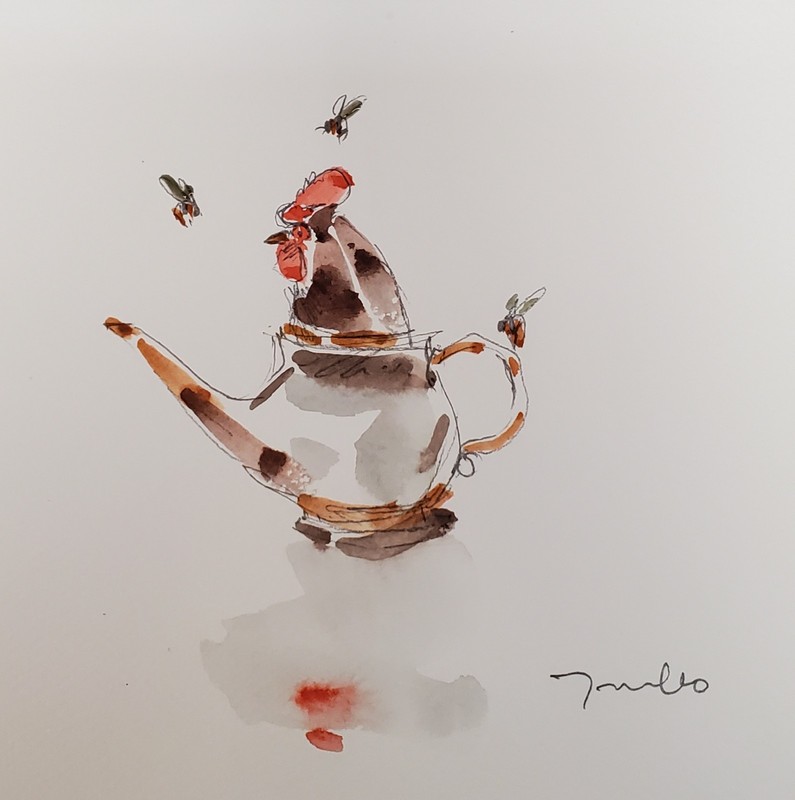NEW Teapot Chicken PRINT of Watercolor Painting by Artist Jose TRUJILLO 16x16